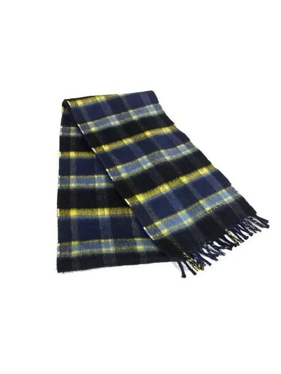 Prada Scarf Navy Yellow Cashmere Plaid Fringe - Picture 1 of 5